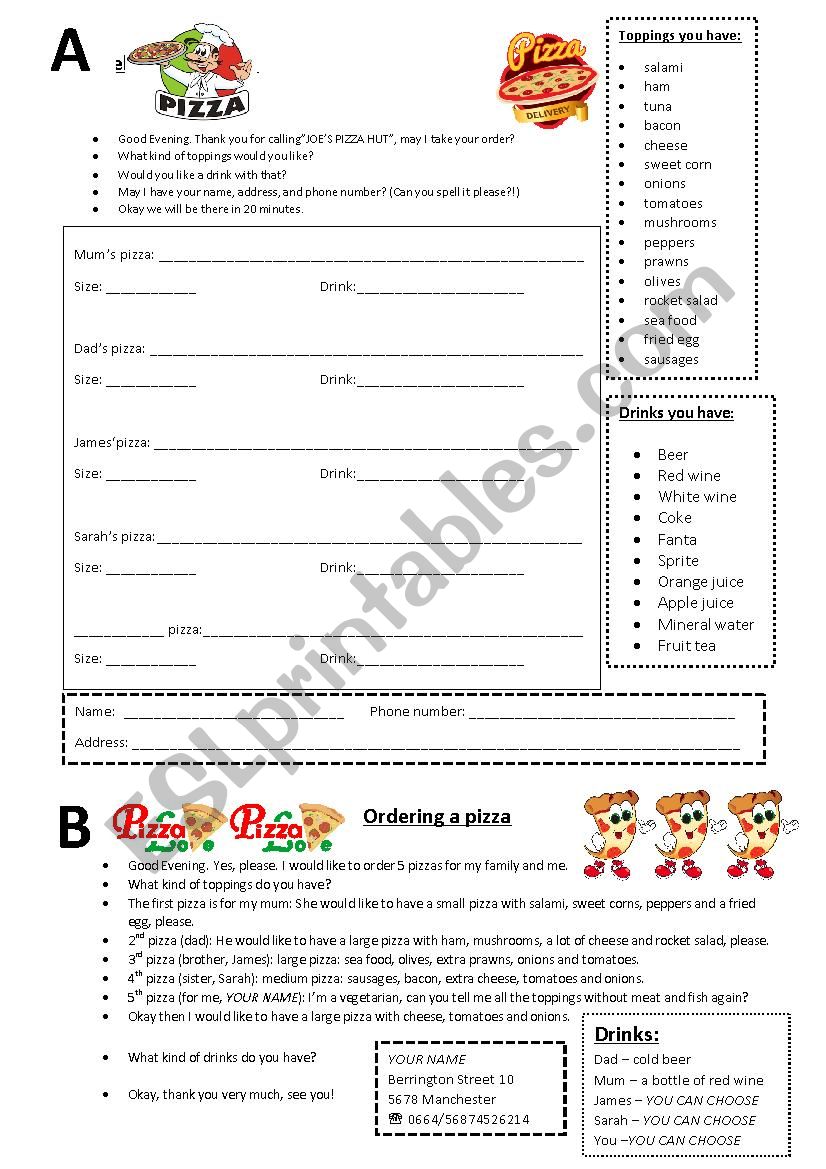 Ordering a pizza (phone call) worksheet