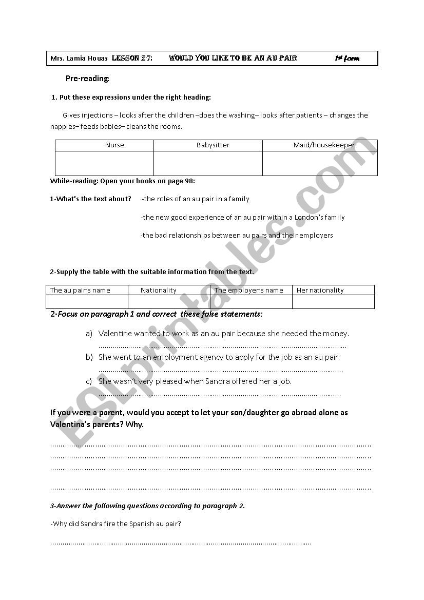 AU PAIR MY VERSION worksheet