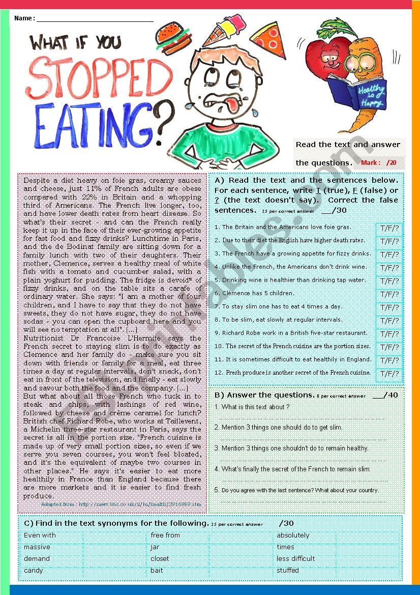 What if you stopped eating? READING + KEY 