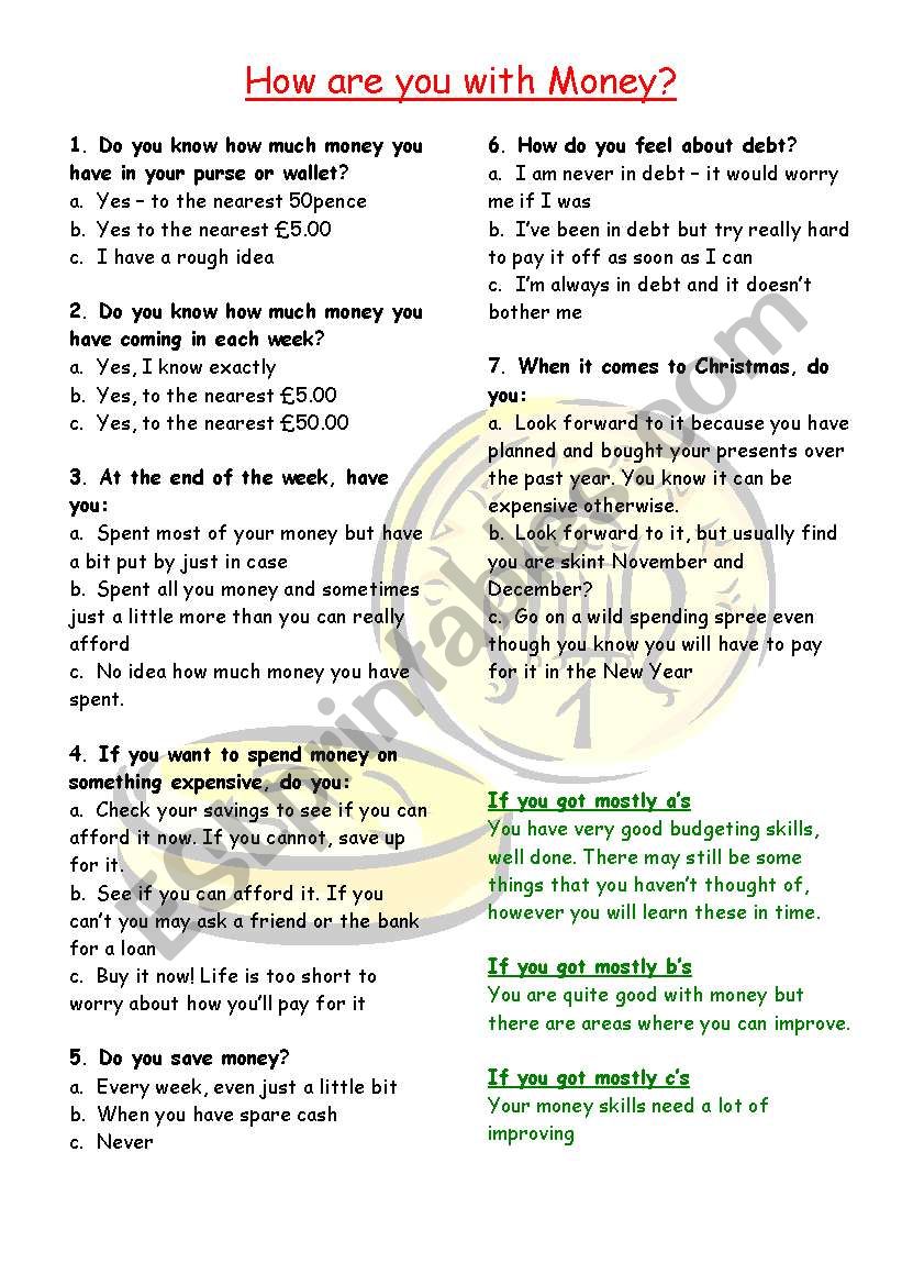 Money quiz worksheet