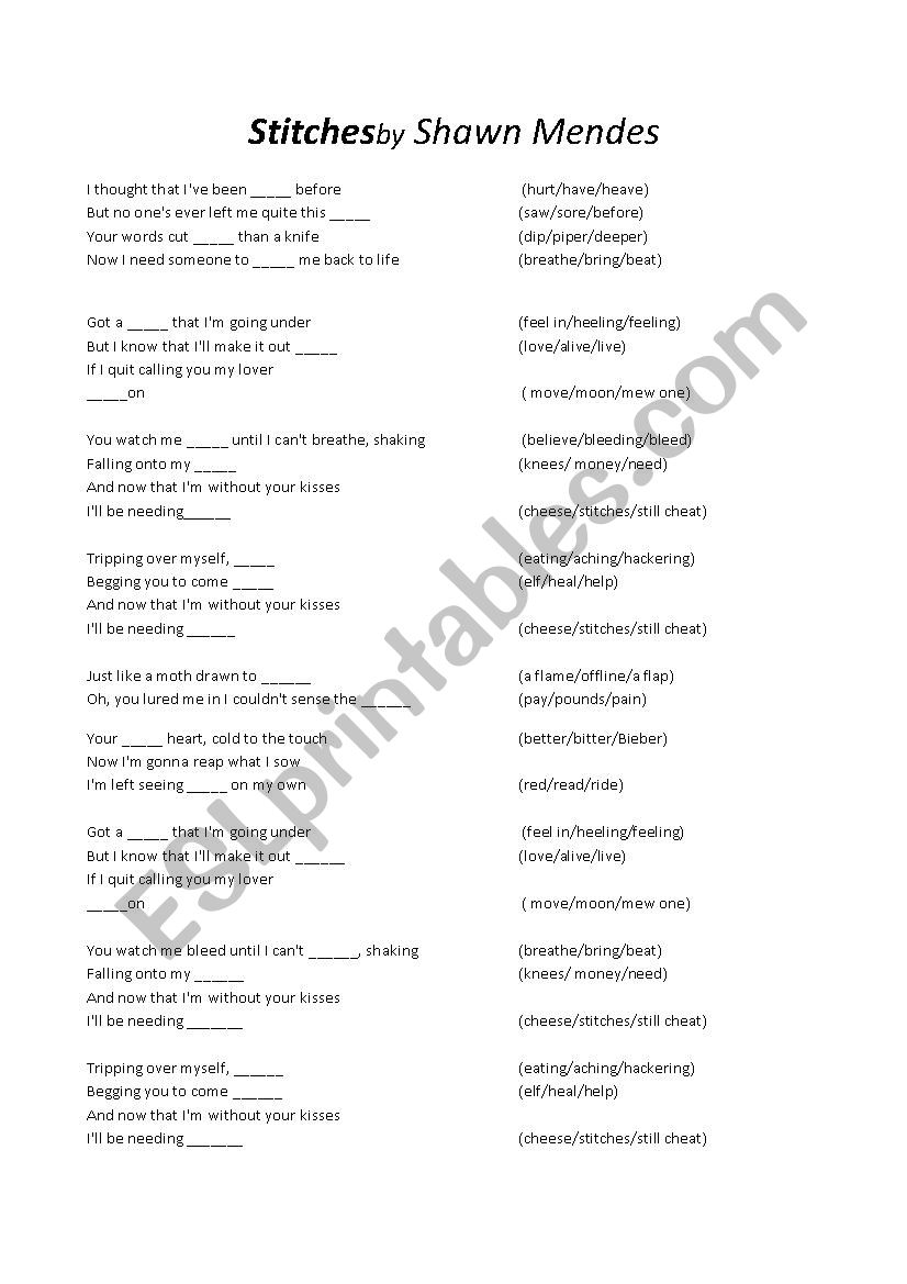 Shawn Mendes - Stitches worksheet