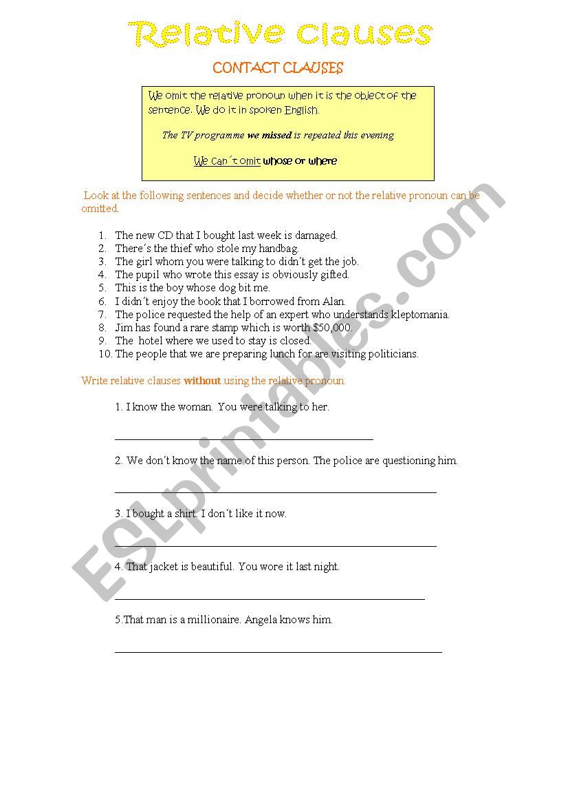 RELATIVE CLAUSES PRACTICE worksheet