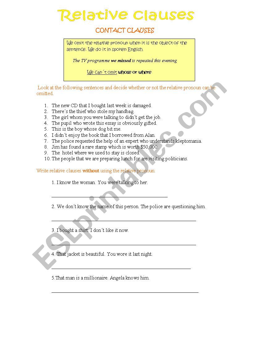 RELATIVE CLAUSES PRACTICE worksheet