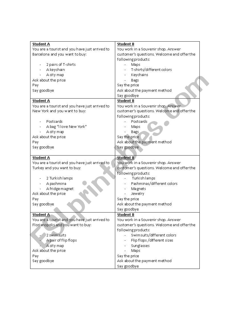 Souvenir shop role-plays worksheet