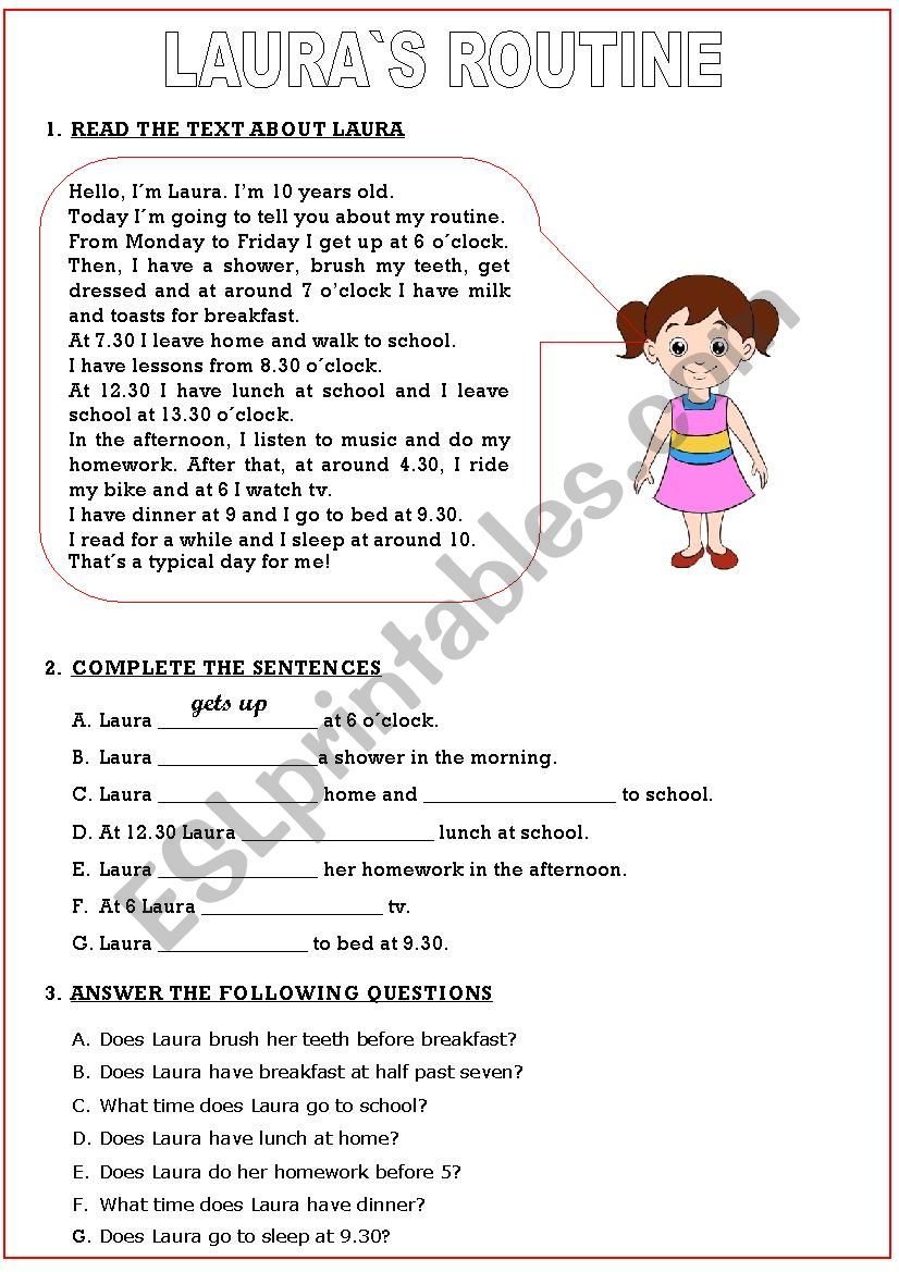 Lauras routine and answer worksheet