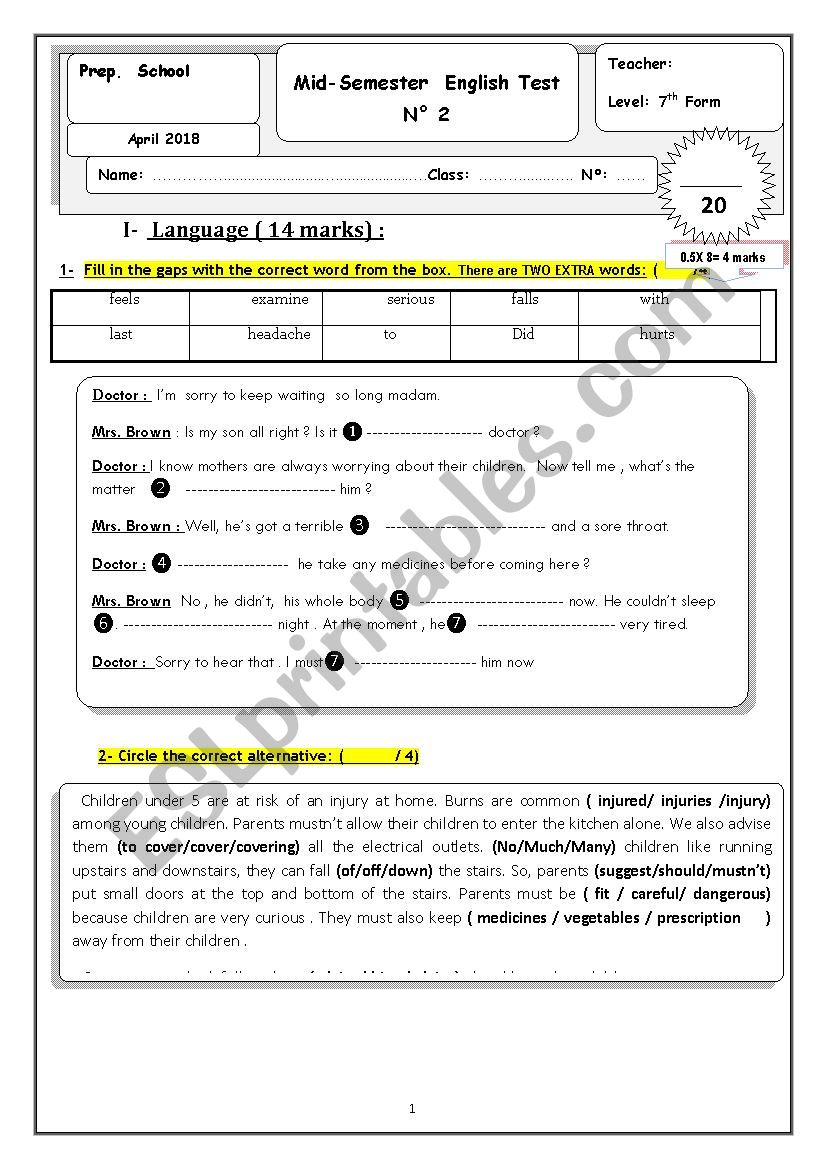 mid srmester 2 test  worksheet