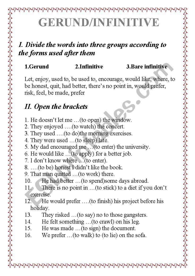 GERUND / INFINITIVE worksheet