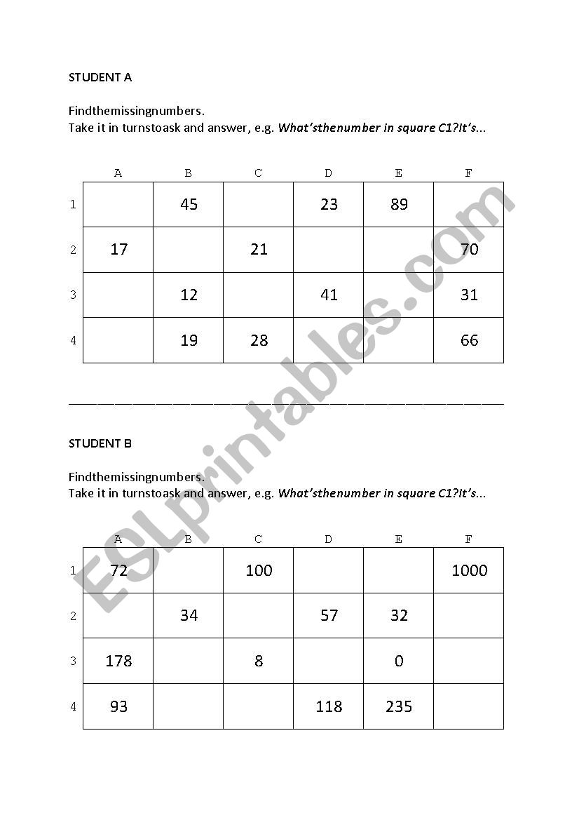 Find the missing numbers - pairwork