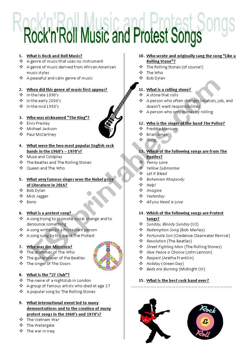 Rock N Roll Music And Protest Songs Esl Worksheet By Audreey21