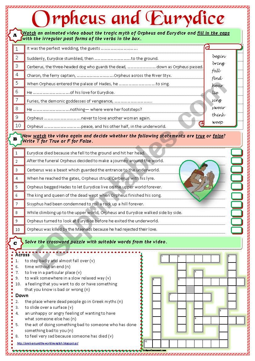 Orpheus and Eurydice worksheet