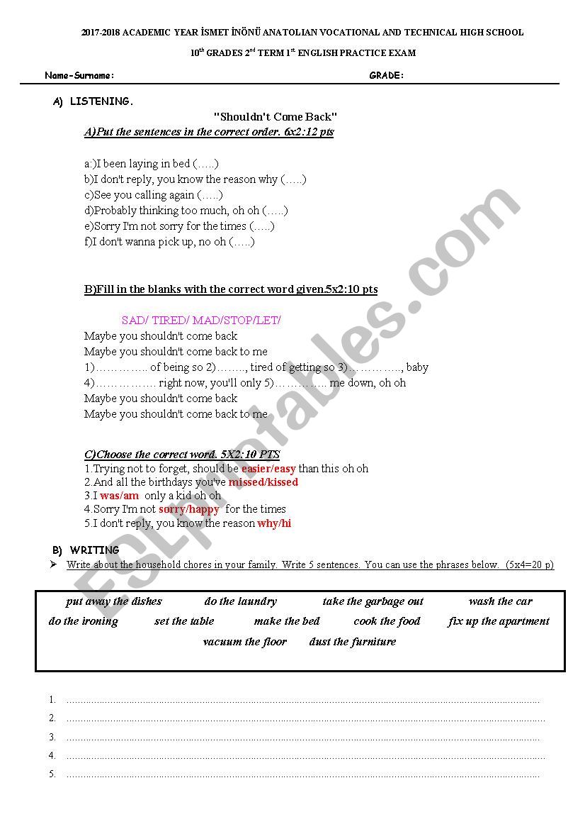 practice exam for 10th grades worksheet