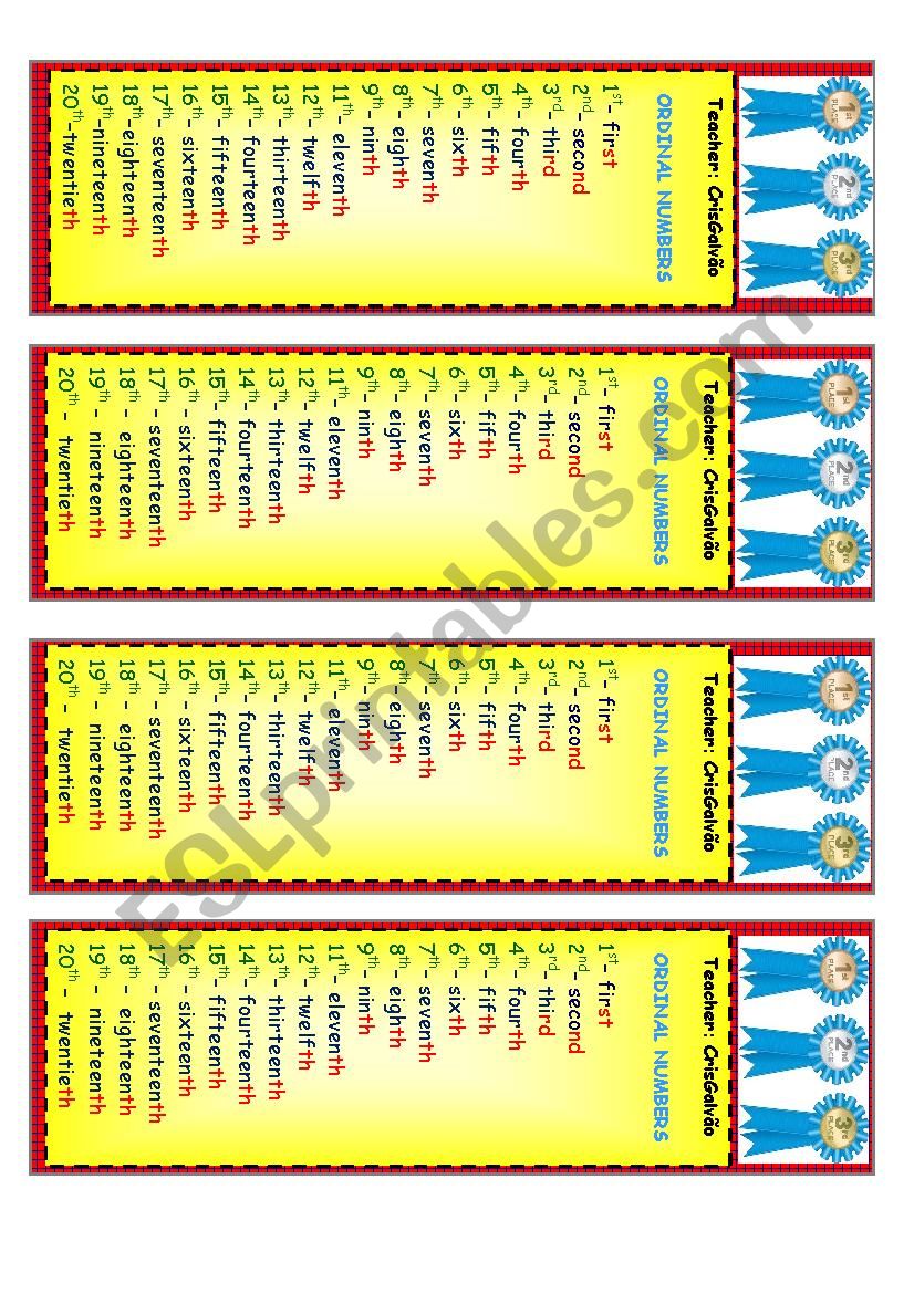 ORDINAL NUMBERS BOOK MARK - PART 1 (WITH BOTH PARTS YOU WILL HAVE A TWO- FACED BOOK MARK) 