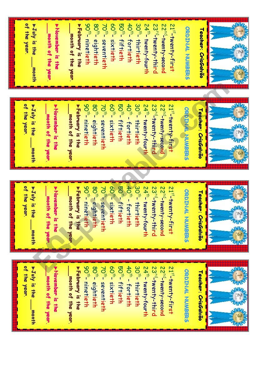 ORDINAL NUMBERS BOOK MARK - PART 2 - BOTH PARTS EDITABLE  (WITH BOTH PARTS YOU WILL HAVE A TWO- FACED BOOK MARK) 