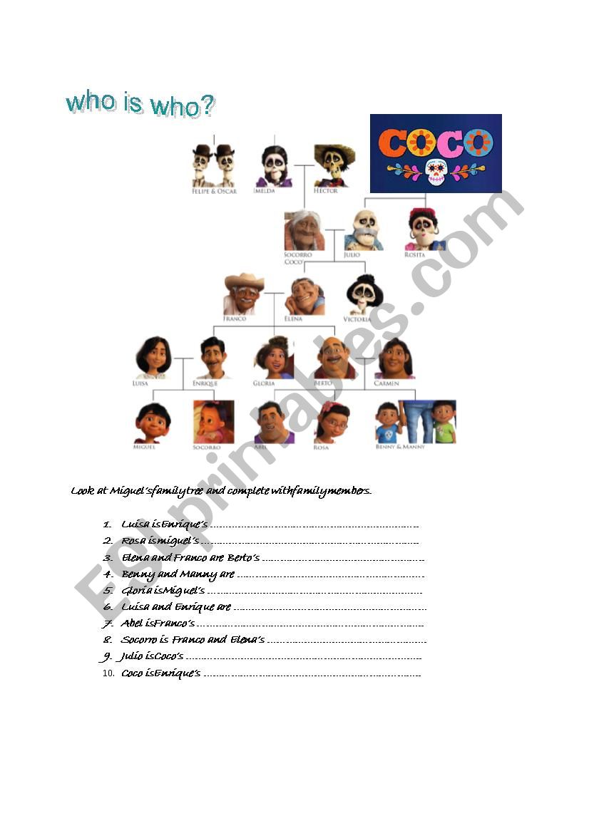 COCO´S FAMILY MEMBERS - ESL worksheet by anamarpupita