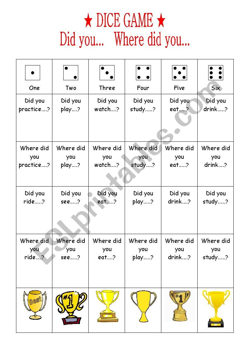 WHERE DID YOU....? DICE GAME worksheet
