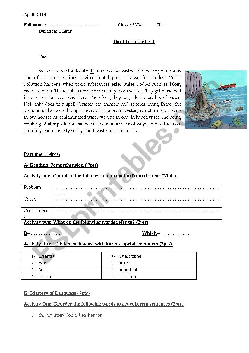 Water pollution worksheet