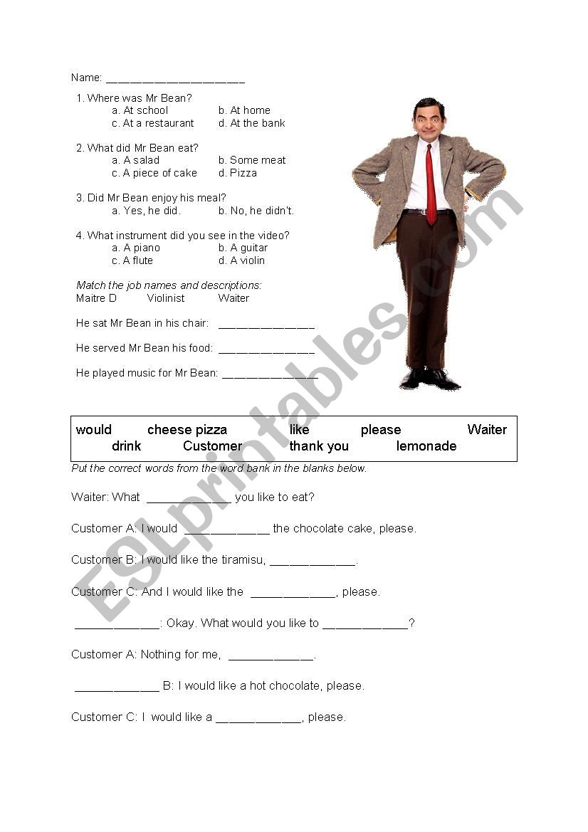 Mr Bean at a Restaurant worksheet