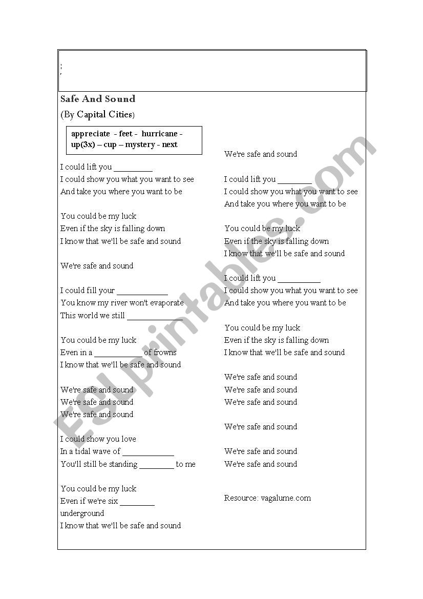 Song: Safe and sound worksheet