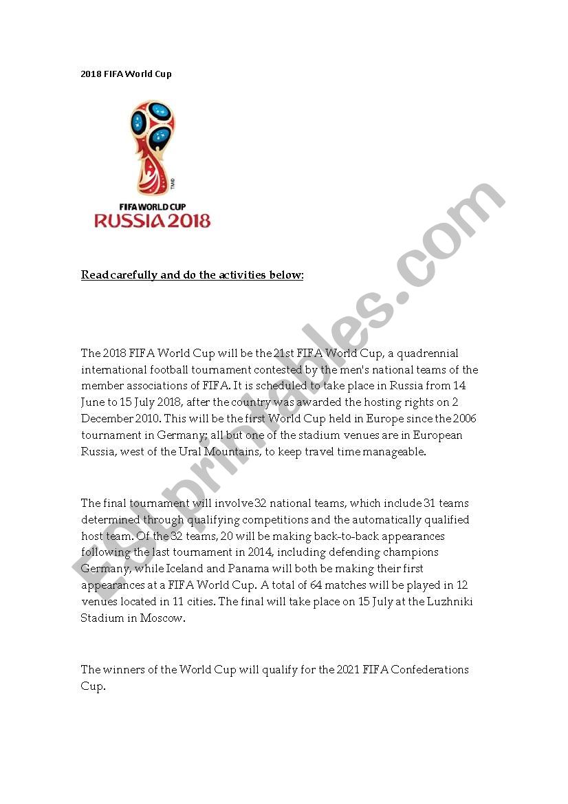 Russia 2018 worksheet