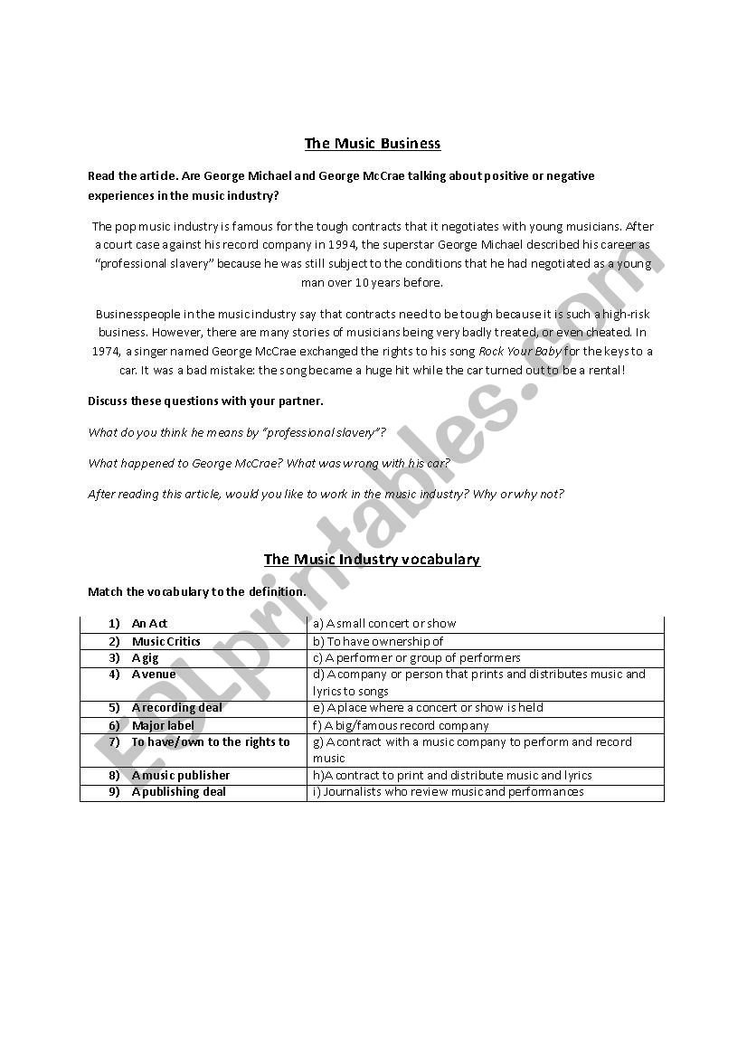 The Music Business worksheet
