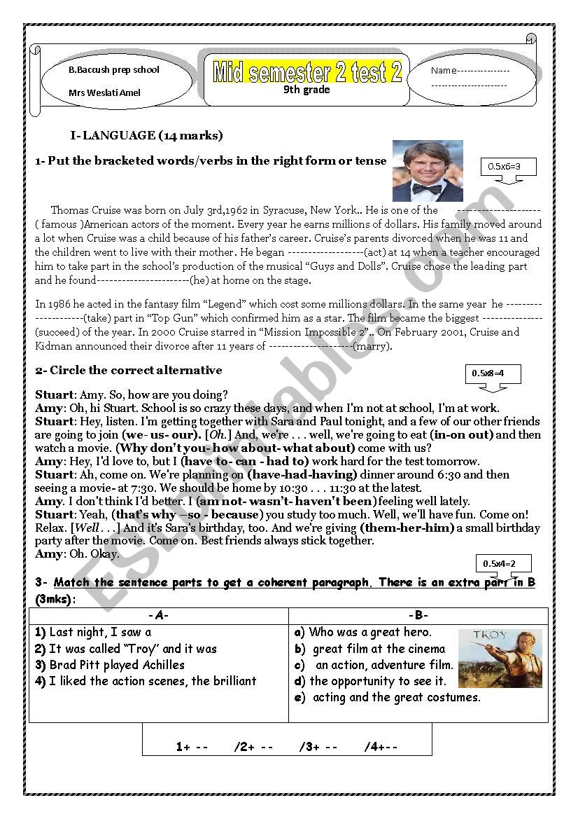 9th grade tes worksheet