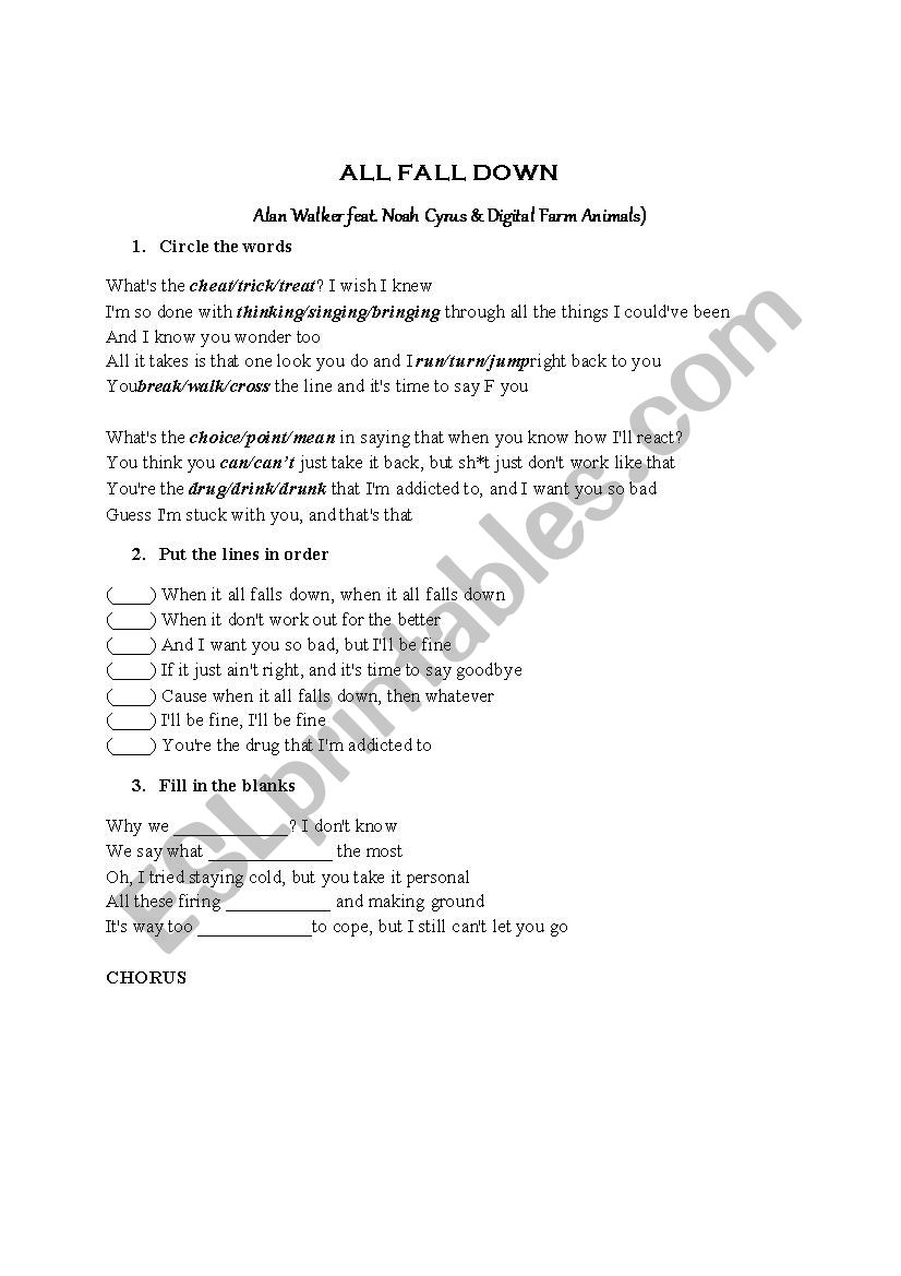 song worksheet - all fall down
