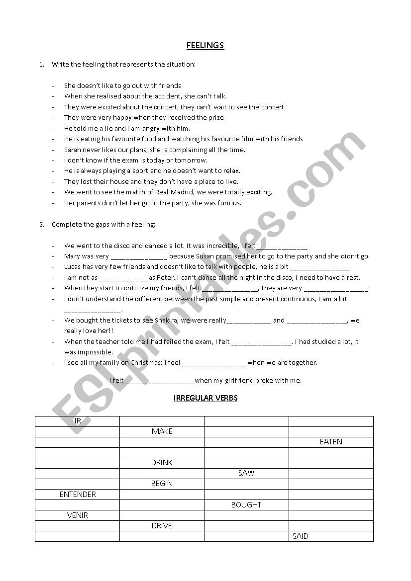 TEST - FEELINGS AND IRREGULAR VERBS