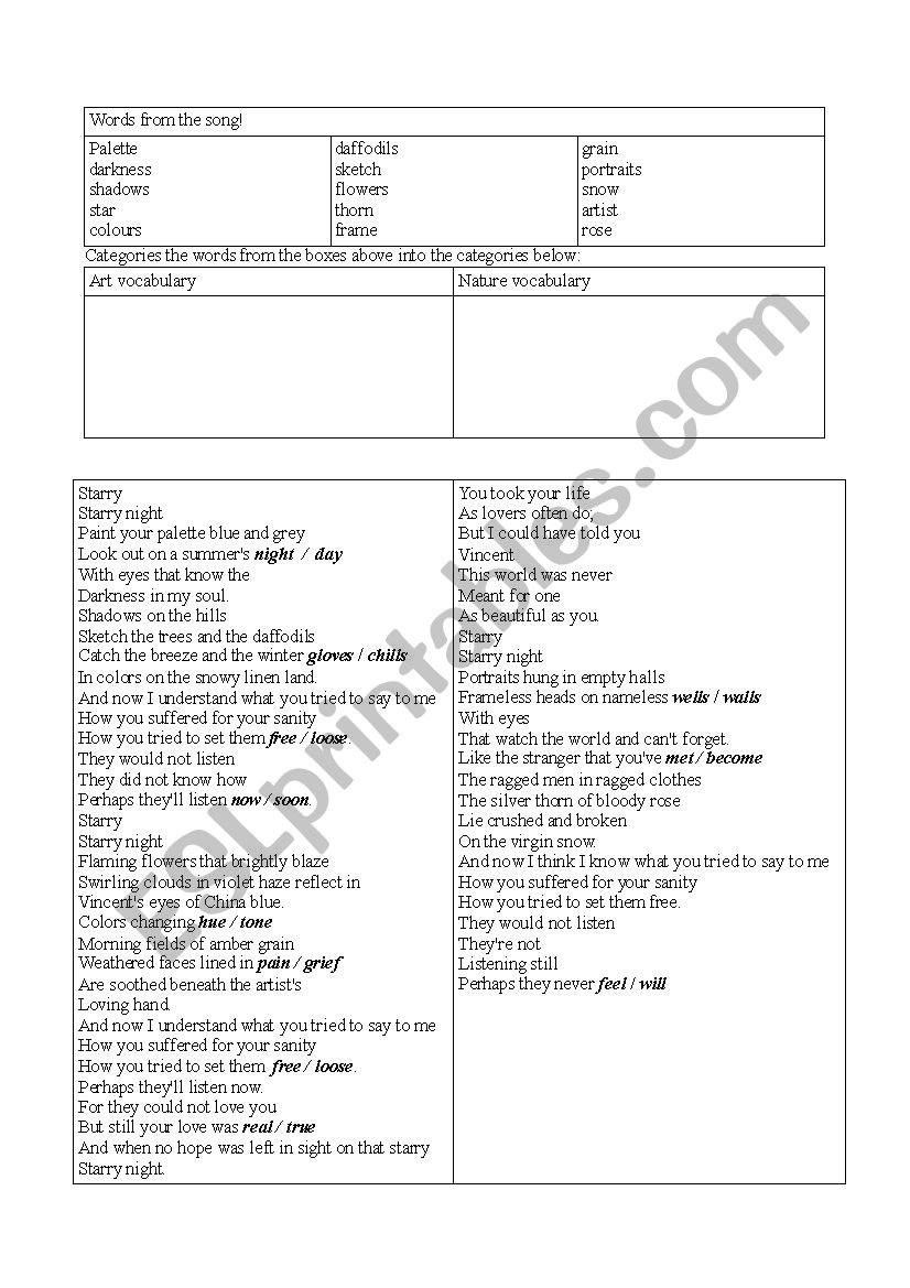 Starry starry night worksheet