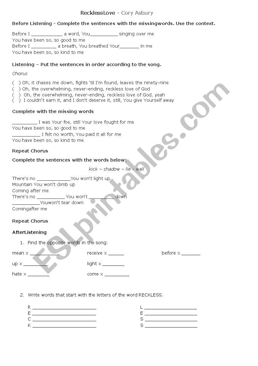 Song: Reckless Love worksheet