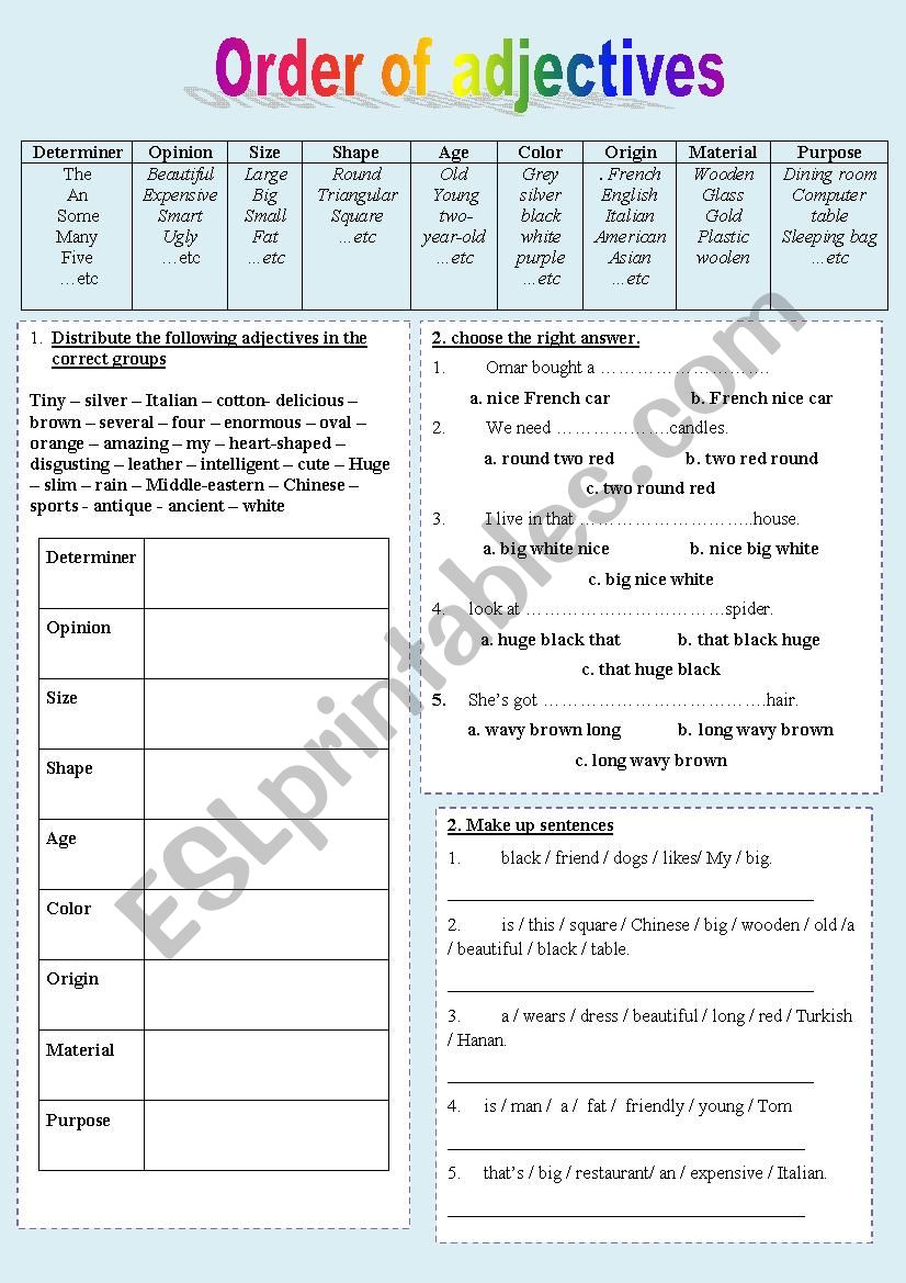 Order of adjectives worksheet