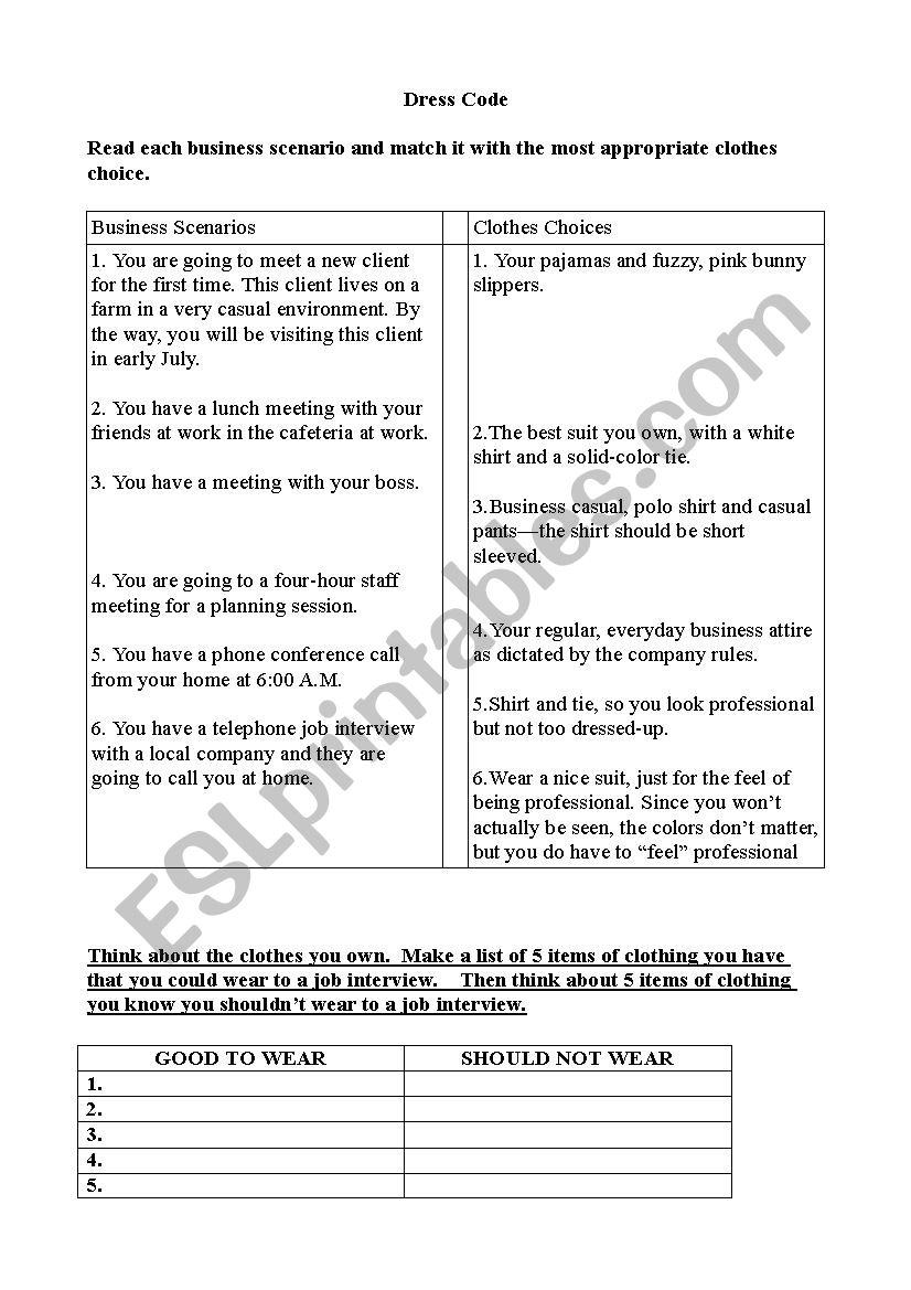 Dress code worksheet