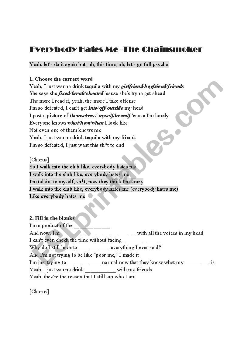 song worksheet - everybody hates me