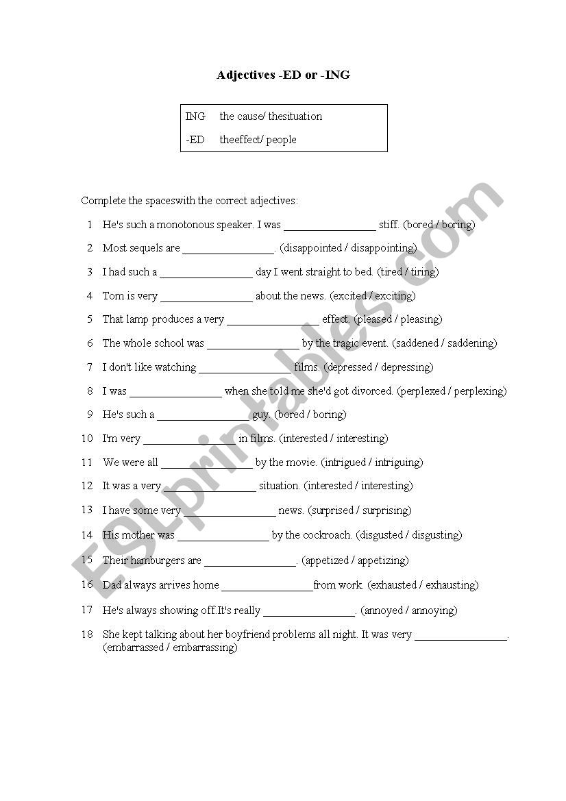 Adjectives -ed and -ing worksheet