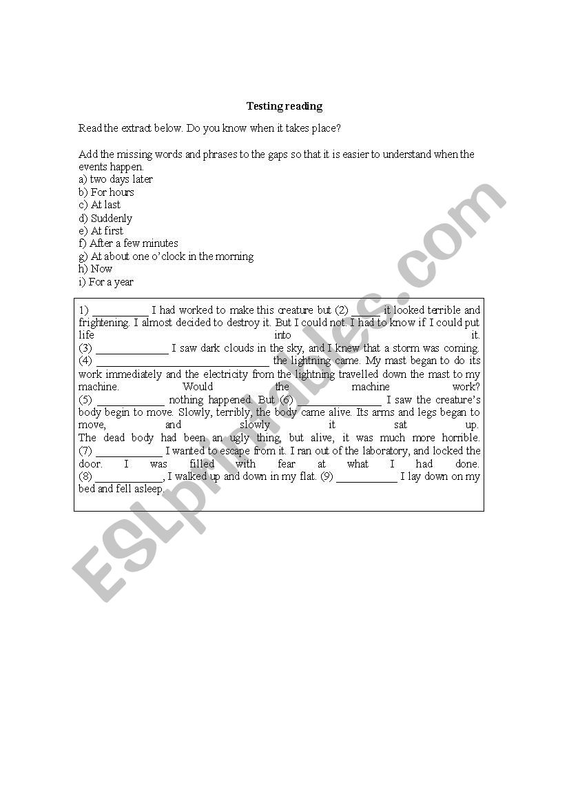 Testing reading worksheet