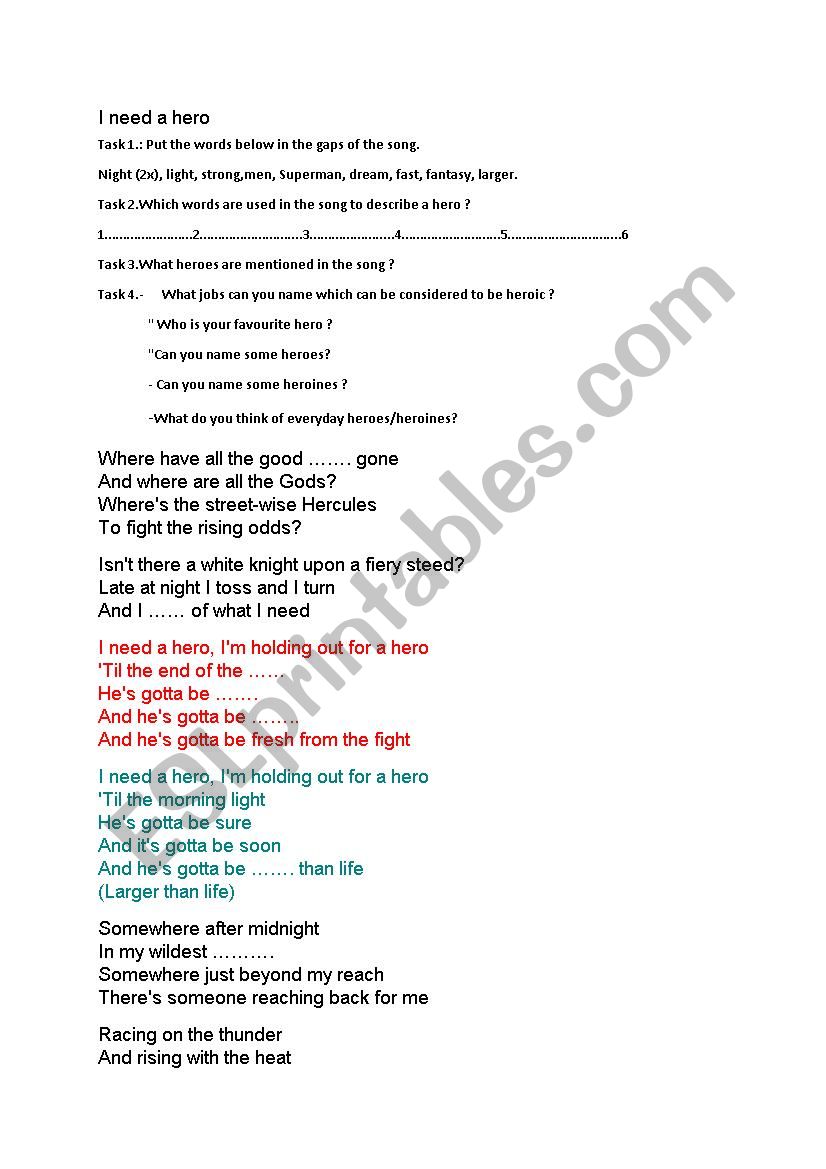 I need a hero. song sheet worksheet