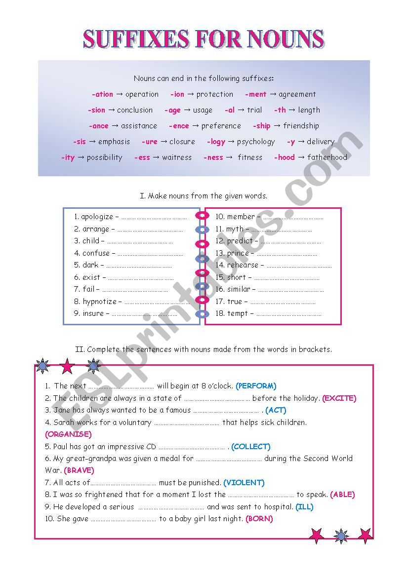 SUFFIXES FOR NOUNS worksheet