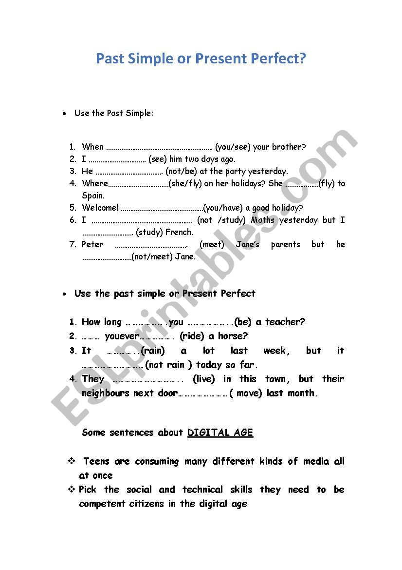 Past simple vs present perfect  Vocabulary help on Digital Area