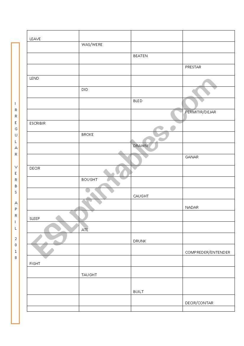 exam irregular verbs worksheet