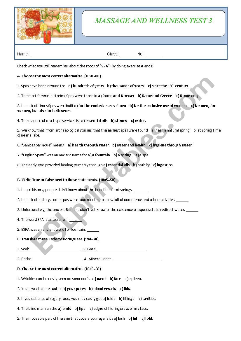 Massage and Wellness - Test 3 worksheet