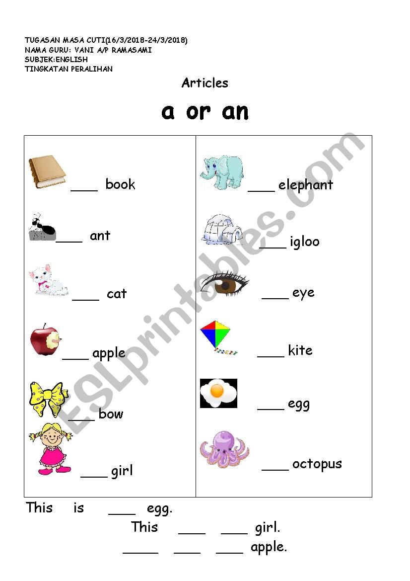 Articles worksheet