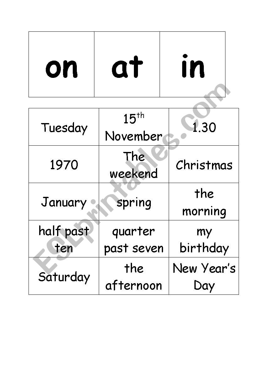 Prepositions of time - sorting cards
