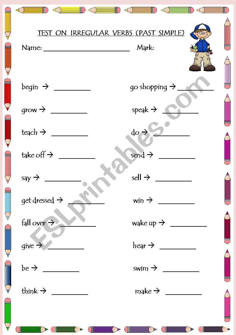 test on irregular verbs worksheet