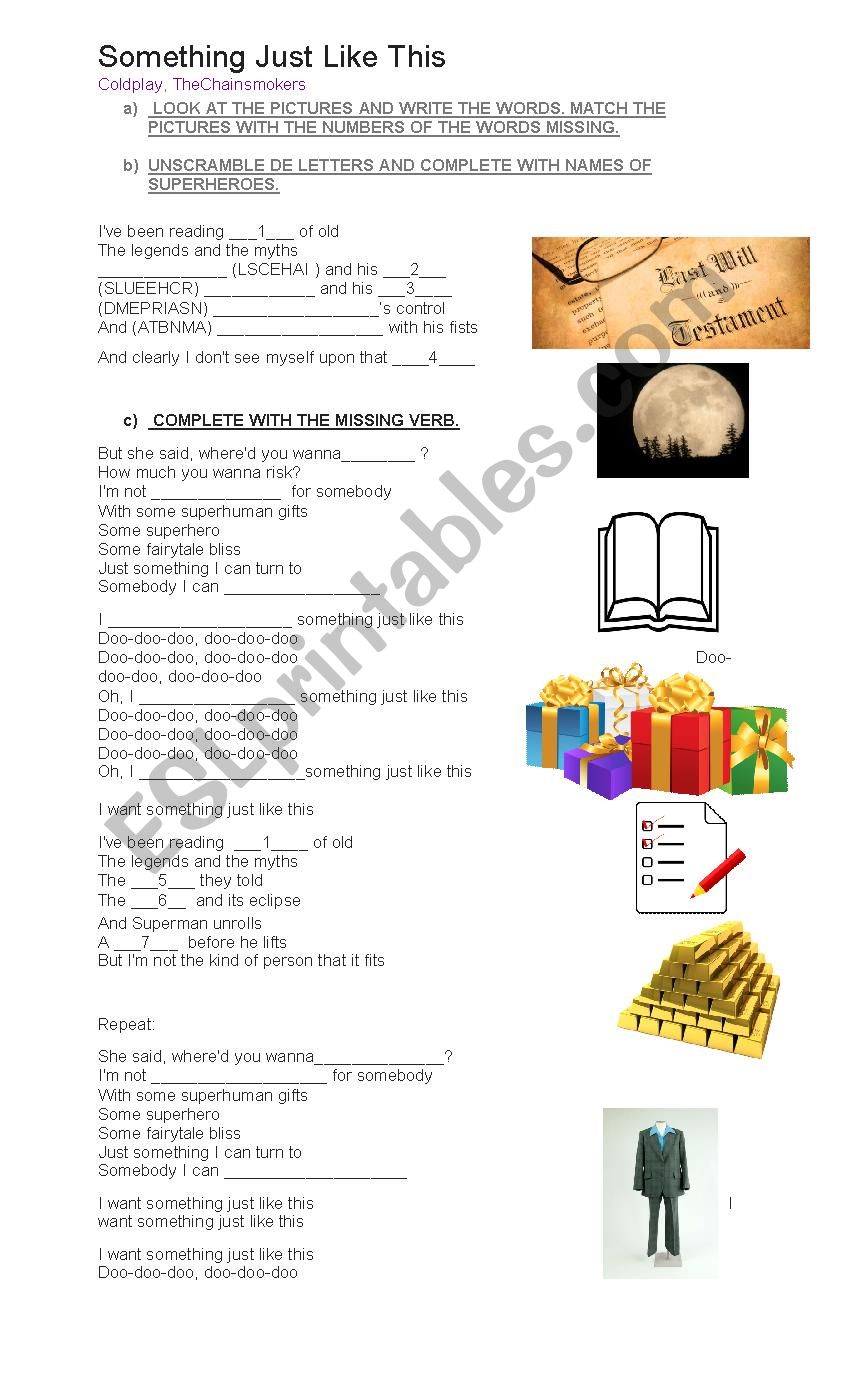 Song with gap-fill : Something just like this By The chainsmokers & Coldplay  - ESL worksheet by laula10