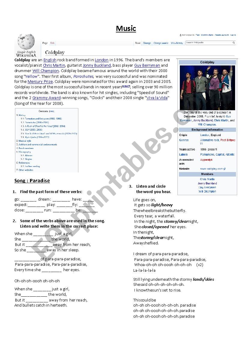 Coldplay Paradise Lyrics - ESL worksheet by isabelaaadias