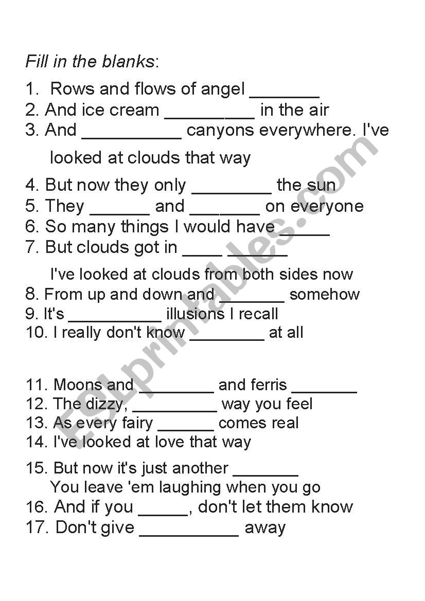 Both Sides now Cloze exercise worksheet