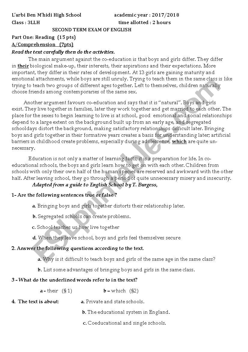 Second terme exam 3lges worksheet