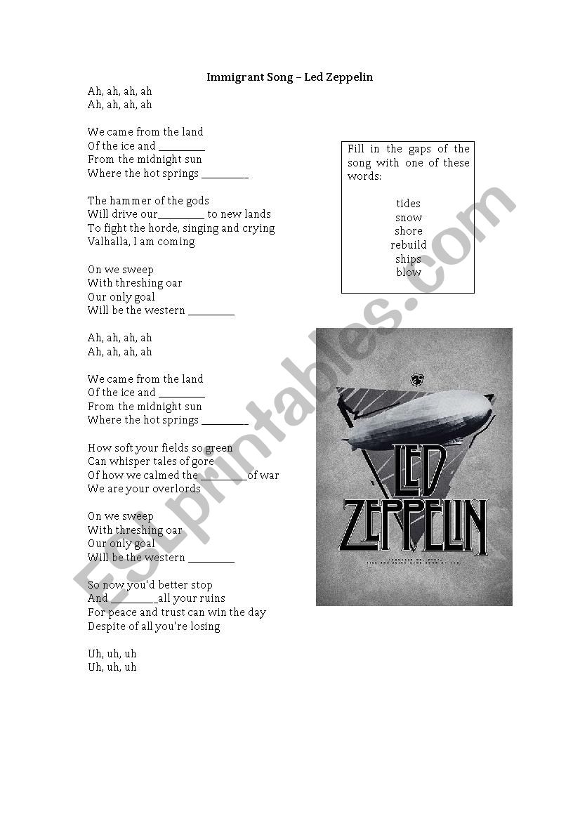 Immigrant Song  Led Zeppelin worksheet