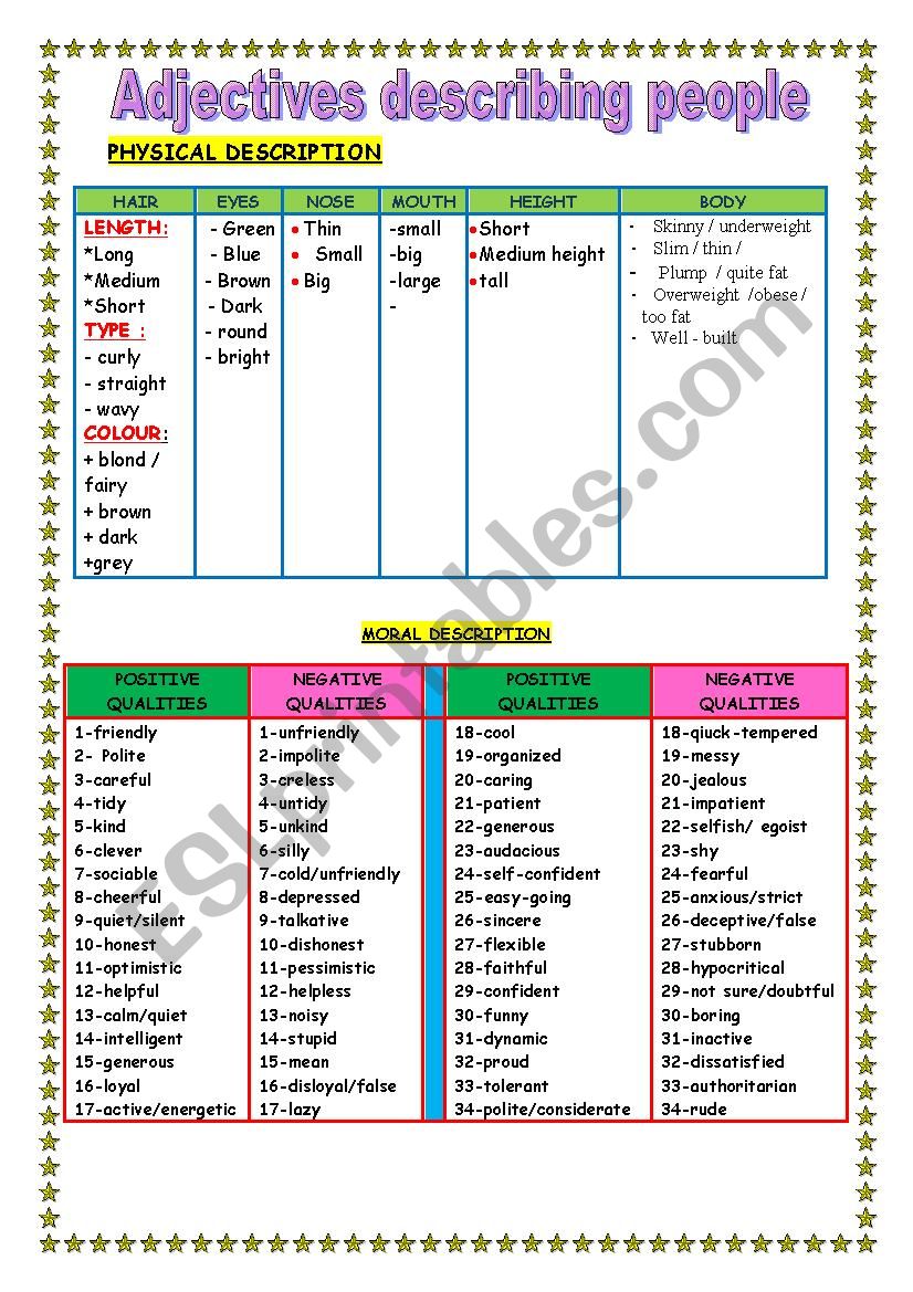 adjectives describing people for 8th formers