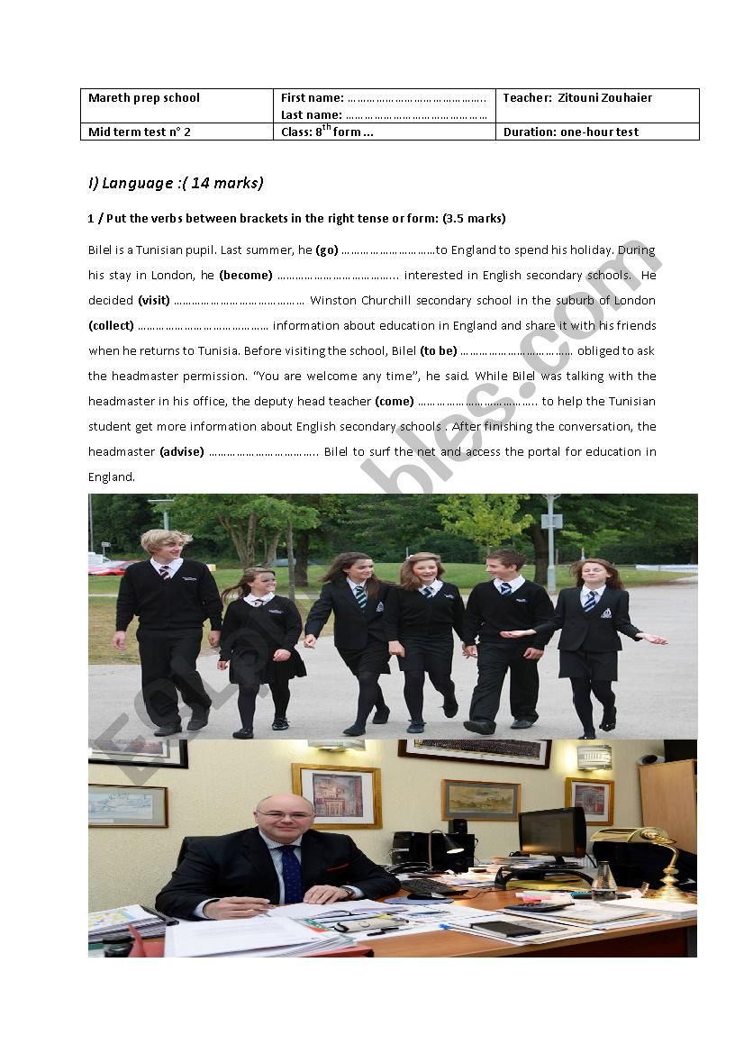 Mid term test n° 2 / 8th form - ESL worksheet by alwayshope
