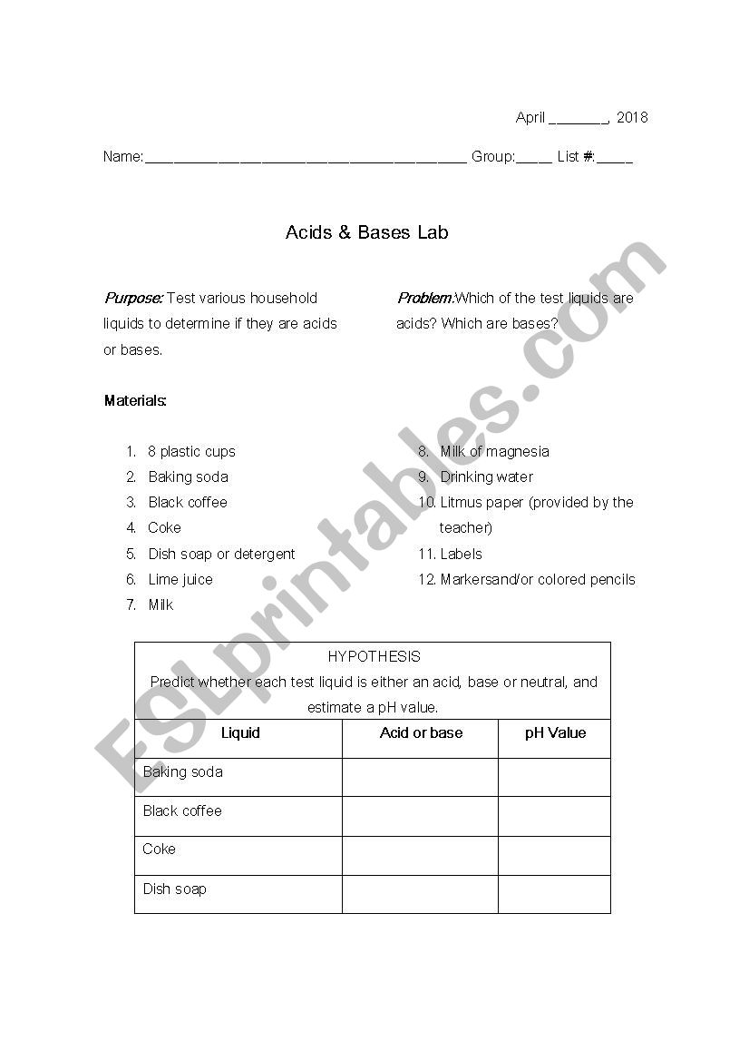 Ph Scale Lab Esl Worksheet By Calux7